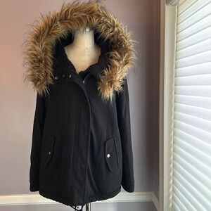 INC black jersey knit hooded jacket sherpa lined removable faux fur collar